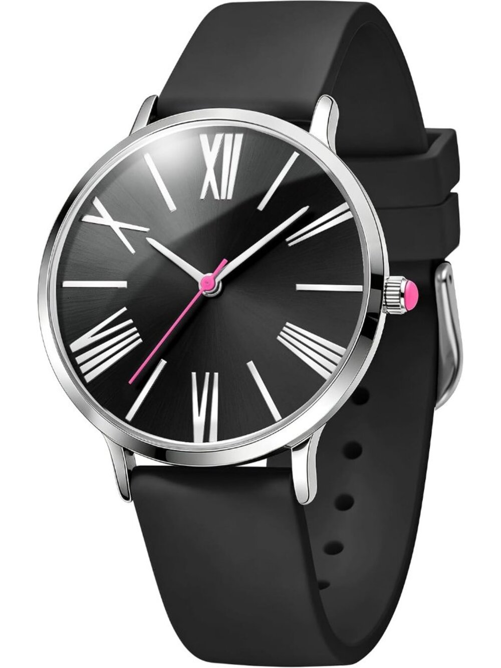Women's Black Roman Numerals Easy to Read Analog Waterproof Silicone Strap Watch